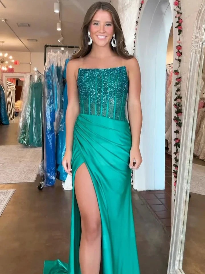 Royal Blue Mermaid Strapless Beaded Top Long Satin Prom Dresses