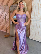 Royal Blue Mermaid Strapless Beaded Top Long Satin Prom Dresses