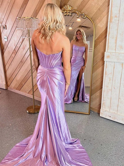 Robes de bal longues en satin bleu roi style sirène bustier perlé