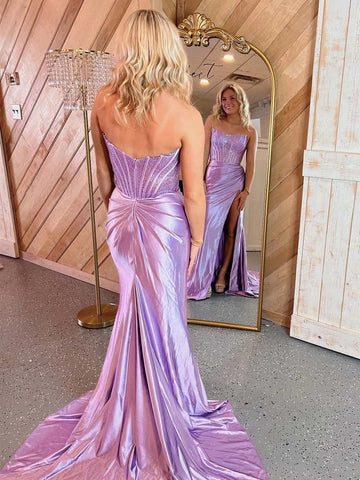 Royal Blue Mermaid Strapless Beaded Top Long Satin Prom Dresses
