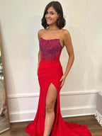 Royal Blue Mermaid Strapless Beaded Top Long Satin Prom Dresses