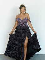 Royal Blue A-Line Off The Shoulder Long Beaded Prom Dresses
