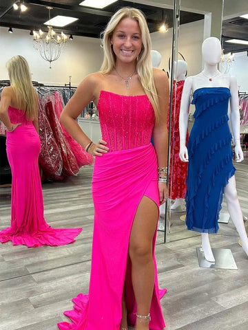 Royal Blue Mermaid Strapless Beaded Top Long Satin Prom Dresses