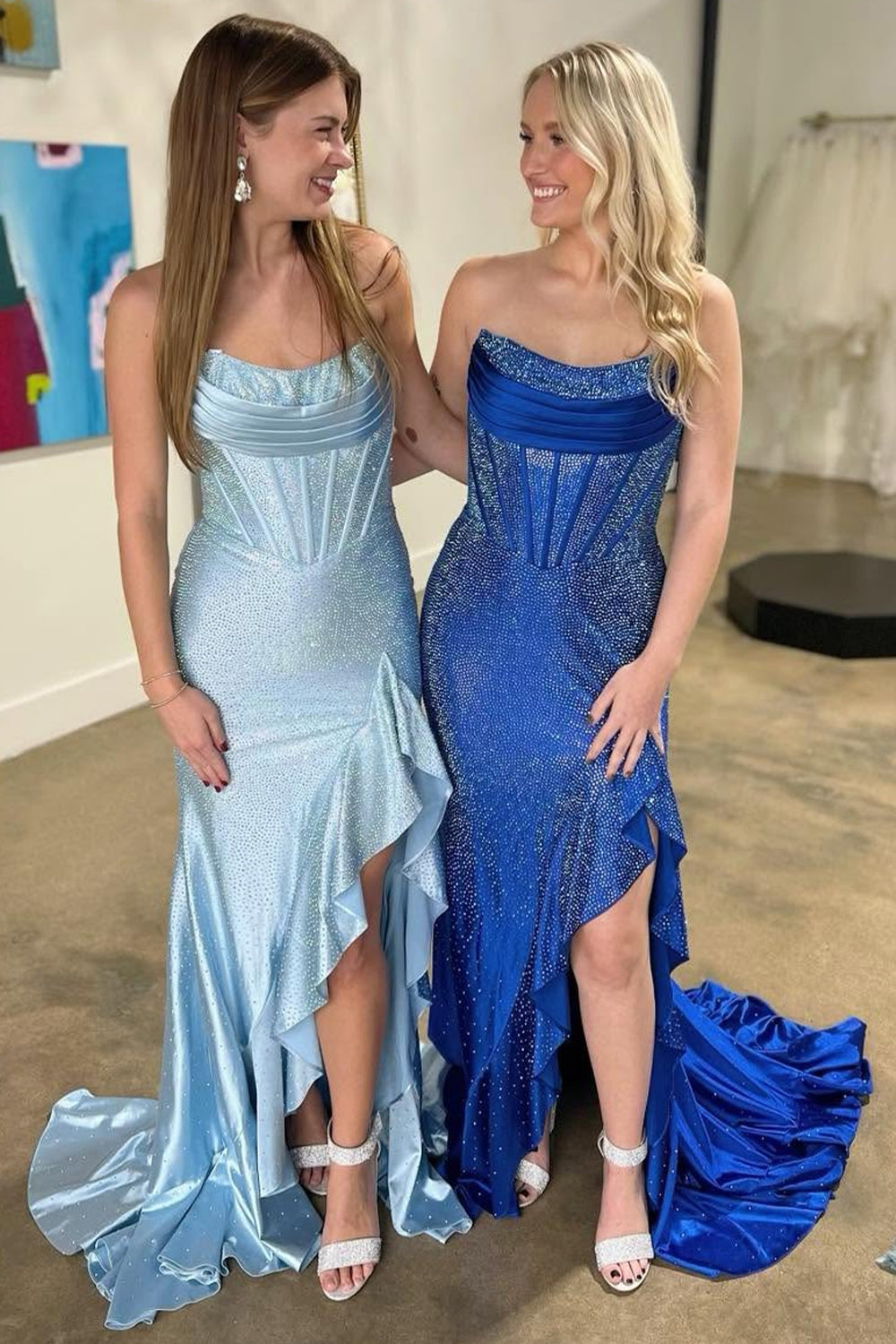 Light Blue Mermaid Strapless Lace Up Long Beaded Prom Dresses