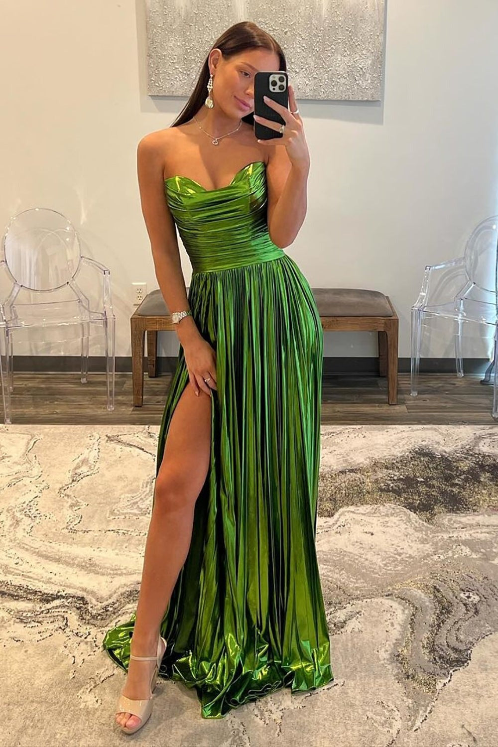 Metallic Green A-Line Strapless Zipper Back Long Prom Dress
