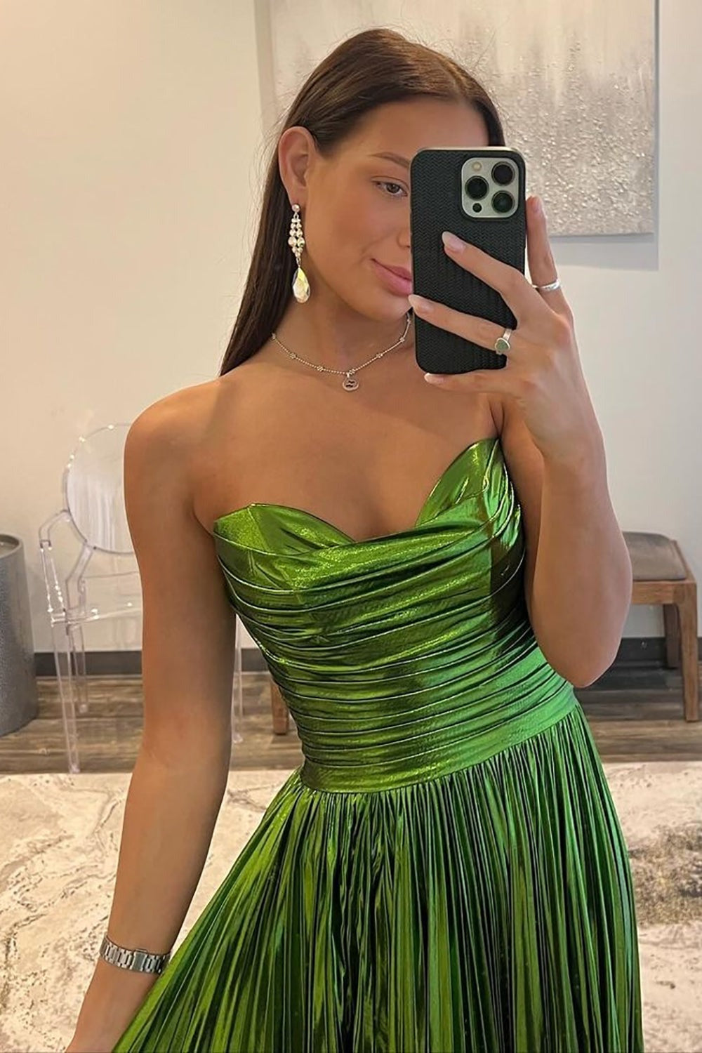 Metallic Green A-Line Strapless Zipper Back Long Prom Dress