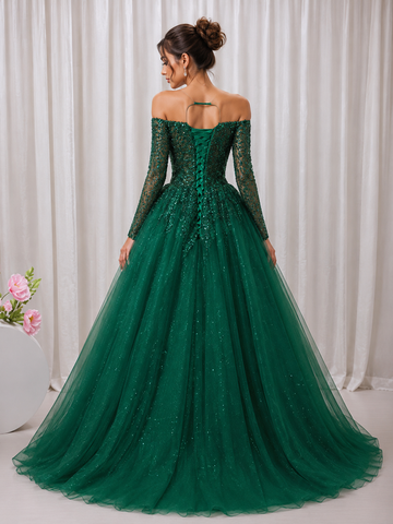 Green Tulle Long Sleeve Beading Sequins A Line Prom Dresses