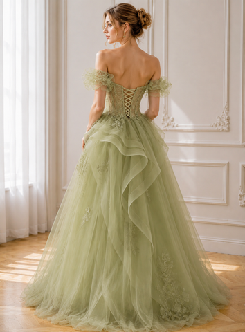 Green Tulle Off the Shoulder Beading A Line Lace Prom Dresses