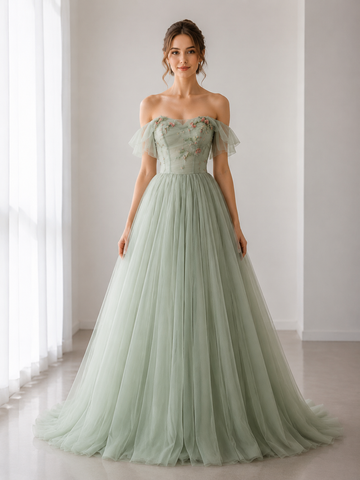 Green Tulle ALine Long Off the Shoulder Prom Dresses