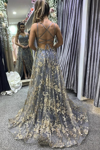 Grey Tulle Sequins Spaghetti Straps Prom Dresses, Formal Dresses,BD930814