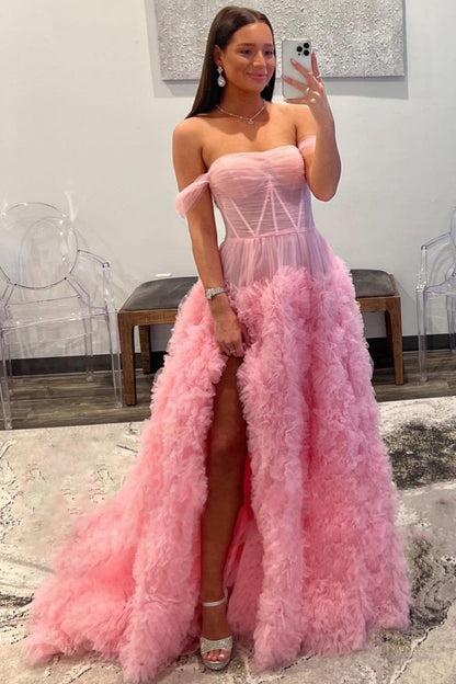Off the Shoulder Tulle Pink Tiered Long Prom Dresses