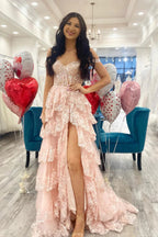 A-Line Off The Shoulder Long Tiered Lace Prom Dresses