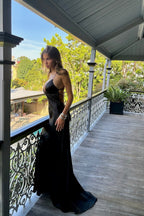 Simple A Line Spaghetti Straps Black Long Prom Dresses