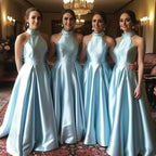 A Line Hot Halter Blue Satin Bridesmaid Dresses Sleeveless Wedding Party Dresses