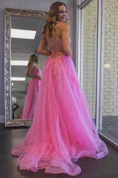 Hot Pink Tulle Split Long Prom Dresses, Evening Dress With Lace Appliques,BD930818