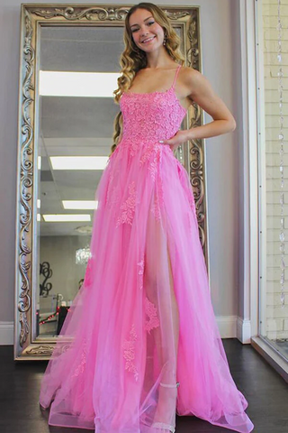 Hot Pink Tulle Split Long Prom Dresses, Evening Dress With Lace Appliques,BD930818