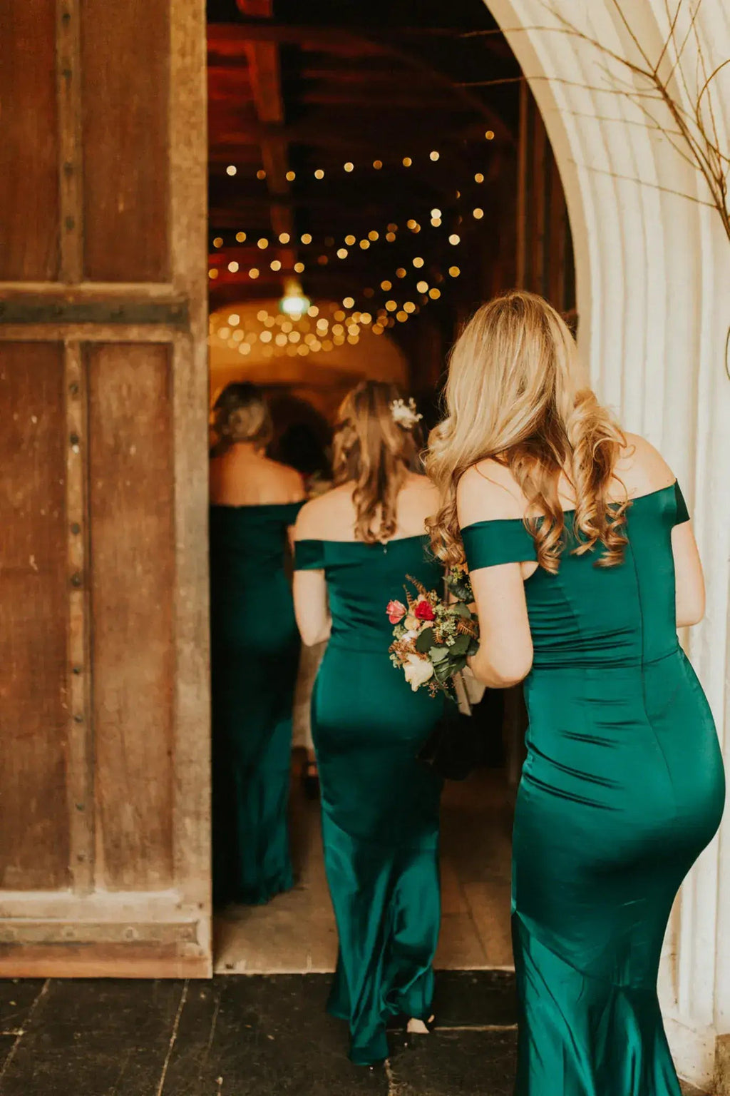 Hot Satin Off The Shoulder Emerald Green Bridesmaid Dresses