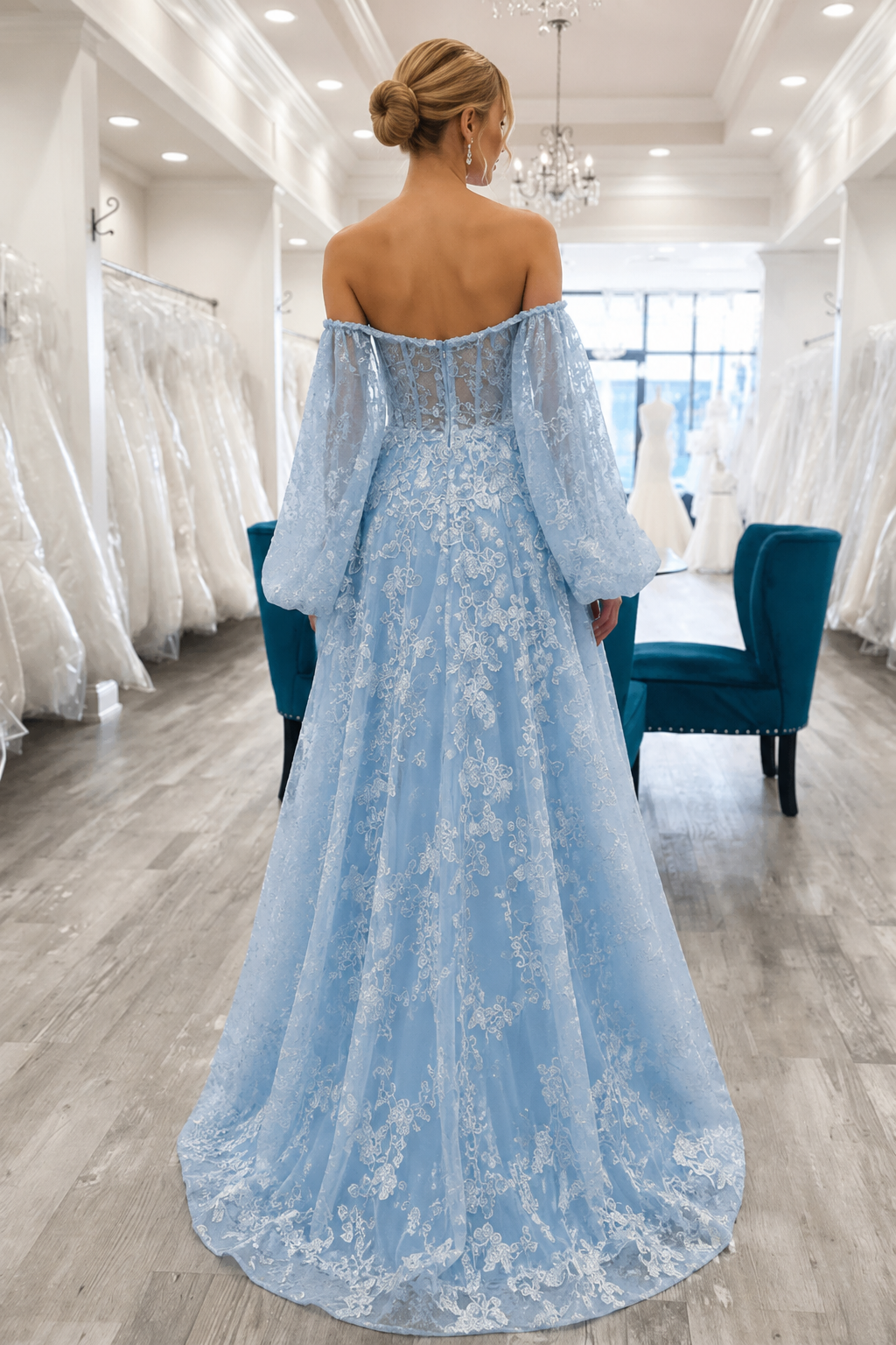 Blue Tulle Butterfly Long Sleeve A Line Prom Dresses