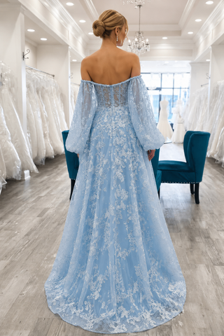 Blue Tulle Butterfly Long Sleeve A Line Prom Dresses