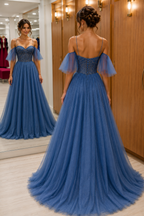 Blue Tulle Beading Spaghetti Straps A Line Prom Dresses