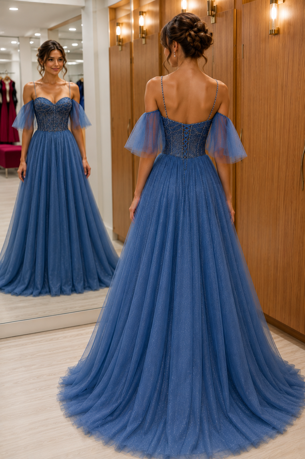 Blue Tulle Beading Spaghetti Straps A Line Prom Dresses