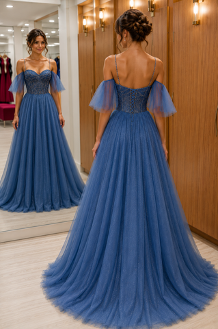Blue Tulle Beading Spaghetti Straps A Line Prom Dresses