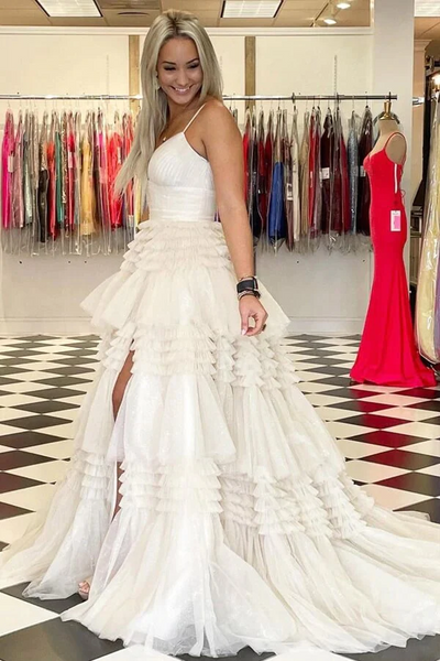 Ivory Tulle Ball Gown Spaghetti Straps Split Prom Dresses, Evening Gown,BD930799