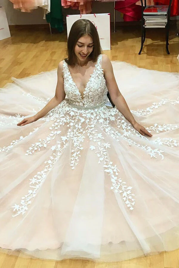 Ivory Tulle Lace A-Line V-Neck Beaded Wedding Dresses, Prom Dresses Pic Color / US18 Ivory Tulle Lace A-Line V-Neck Beaded Wedding Dresses, Prom Dresses Pic Color / US18