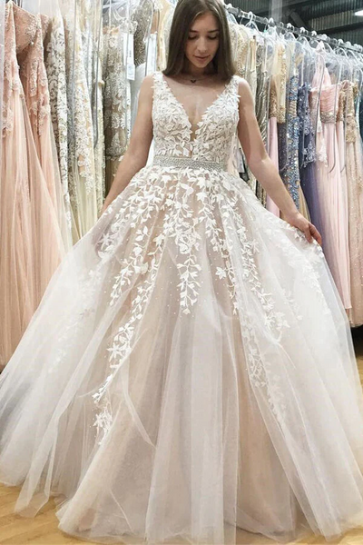 Ivory Tulle Lace A-line V-neck Beaded Wedding Dresses, Prom Dresses,BD930829