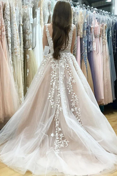 Ivory Tulle Lace A-line V-neck Beaded Wedding Dresses, Prom Dresses,BD930829