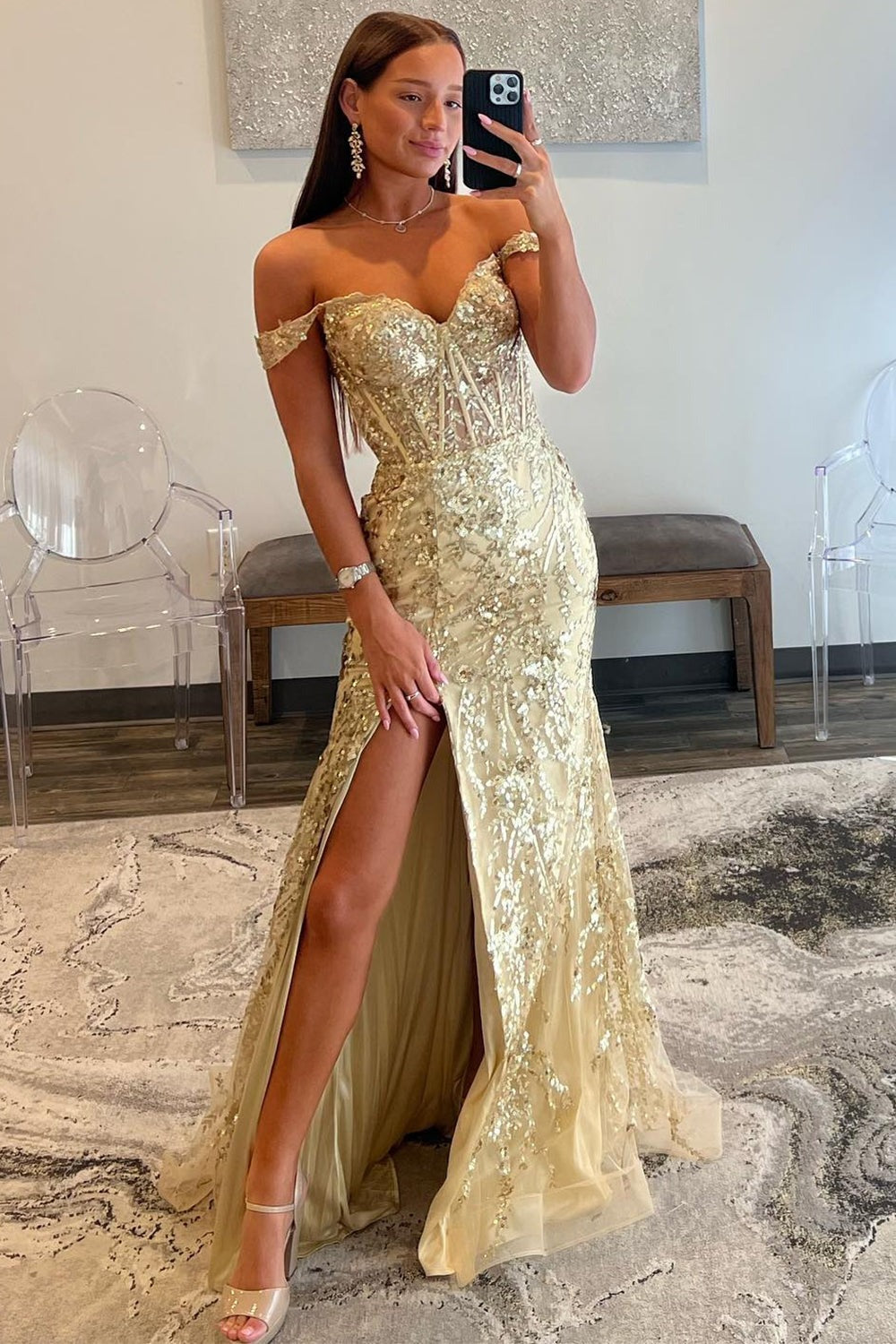 Golden Sparkly Off The Shoulder Mermaid Long Prom Dresses