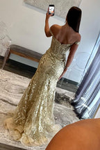 Golden Sparkly Off The Shoulder Mermaid Long Prom Dresses