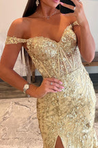 Golden Sparkly Off The Shoulder Mermaid Long Prom Dresses