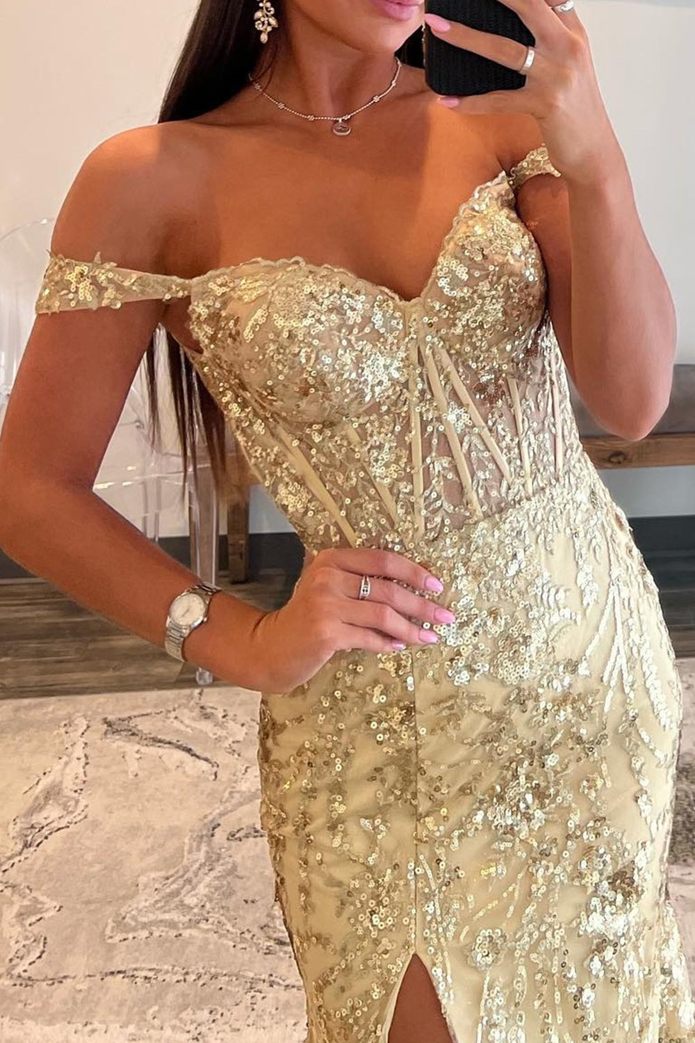 Golden Sparkly Off The Shoulder Mermaid Long Prom Dresses