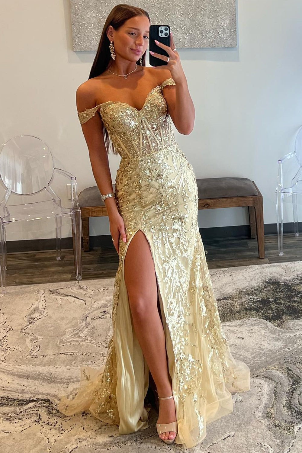 Golden Sparkly Off The Shoulder Mermaid Long Prom Dresses
