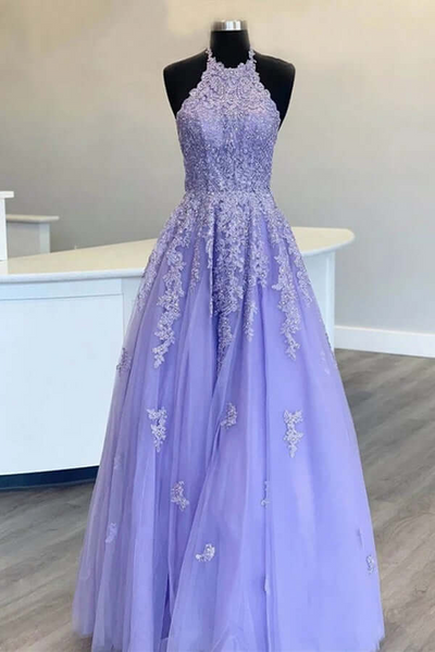 Lavender Tulle A-line Halter Lace Appliqued Prom Dresses, Evening Dresses,BD930802