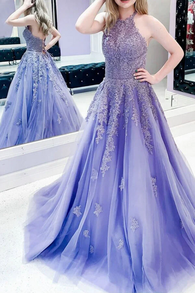 Lavender Tulle A-line Halter Lace Appliqued Prom Dresses, Evening Dresses,BD930802