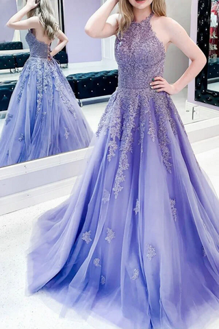 Lavender Tulle A-line Halter Lace Appliqued Prom Dresses, Evening Dresses
