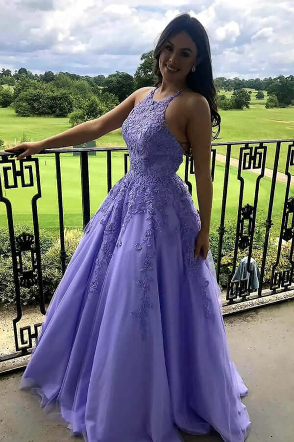 Lavender Tulle A-line Halter Lace Appliqued Prom Dresses, Evening Dres luladress Lavender Tulle A-line Halter Lace Appliqued Prom Dresses, Evening Dres luladress