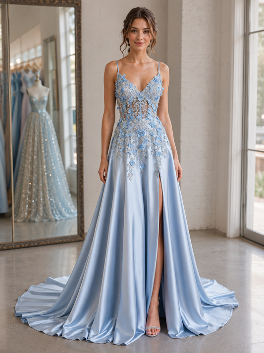 Robes de bal longues en satin bleu clair à fines bretelles et fleurs 3D