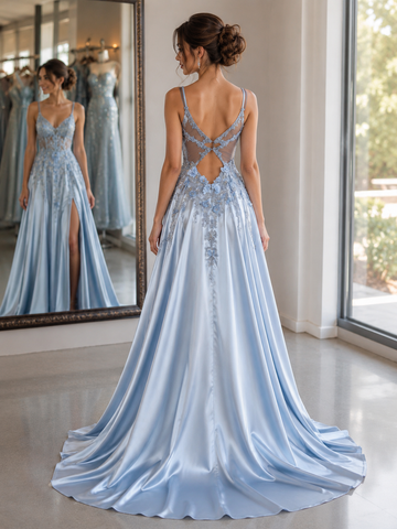 Light Blue Satin Long Spaghetti Straps 3D Flower Prom Dresses