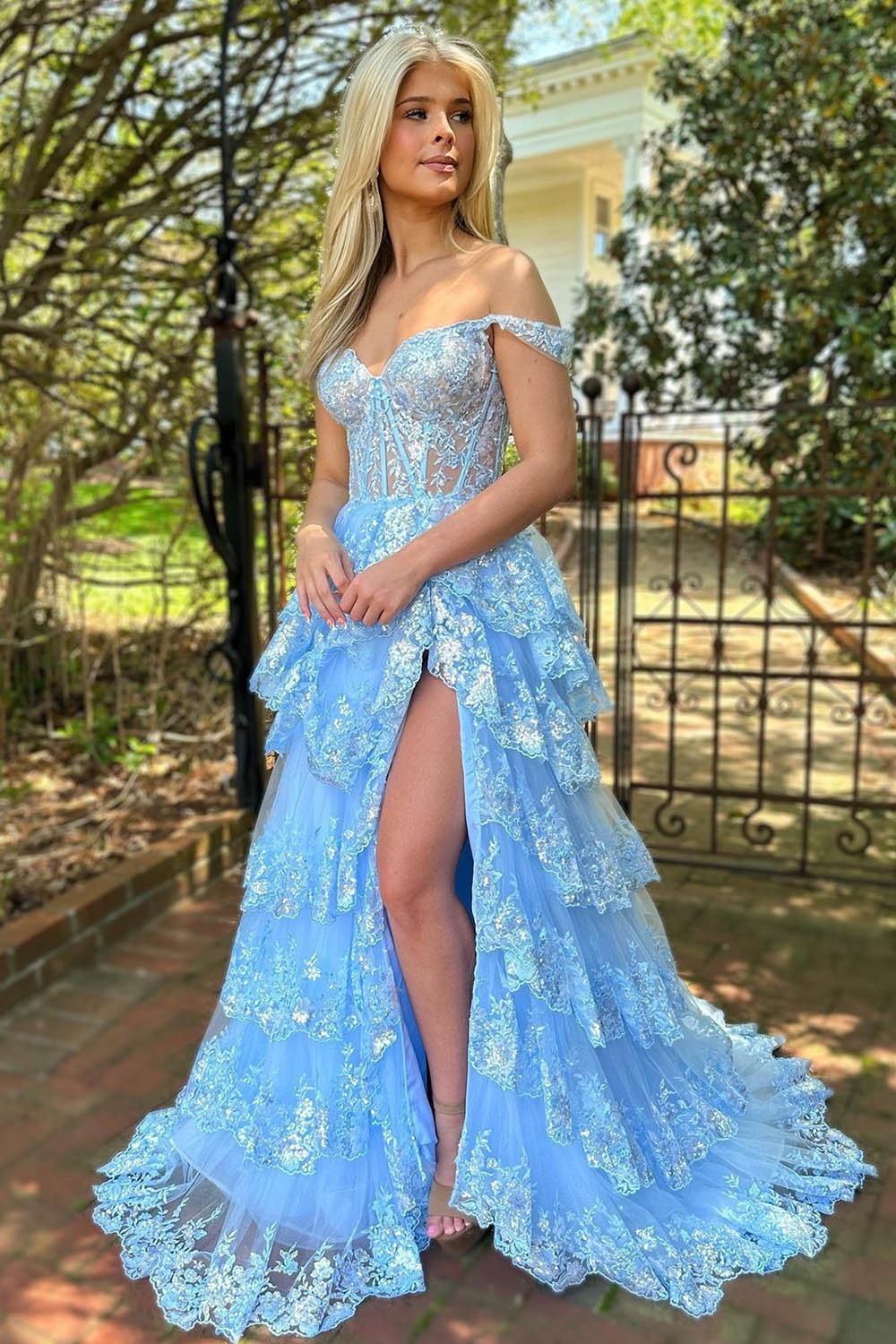 A-Line Off The Shoulder Long Tiered Lace Prom Dresses
