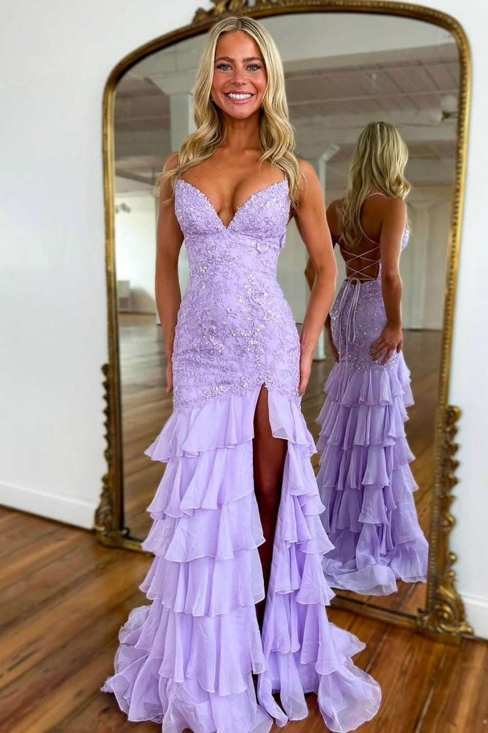 Lilac Mermaid Spaghetti Straps Lace Prom Dresses
