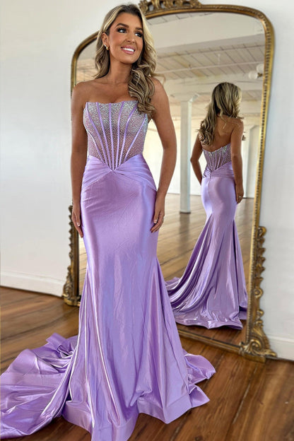 Robes de bal longues en satin lilas avec haut sirène bustier orné de perles