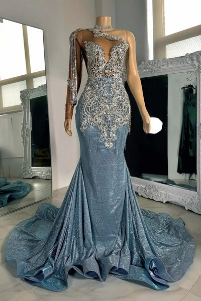 Long sleeves Silver Dusty Blue Shiny Court Train Beaded Satin Prom Dresss