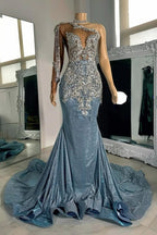 Long sleeves Silver Dusty Blue Shiny Court Train Beaded Satin Prom Dresss