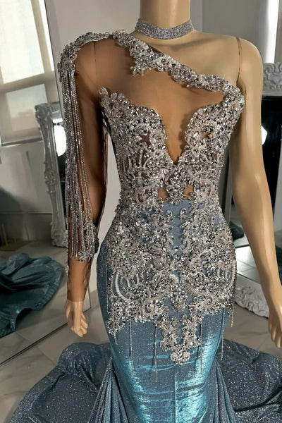 Long sleeves Silver Dusty Blue Shiny Court Train Beaded Satin Prom Dresss