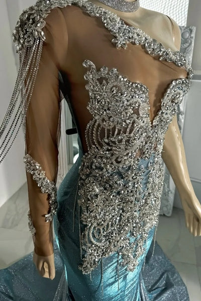 Long sleeves Silver Dusty Blue Shiny Court Train Beaded Satin Prom Dresss
