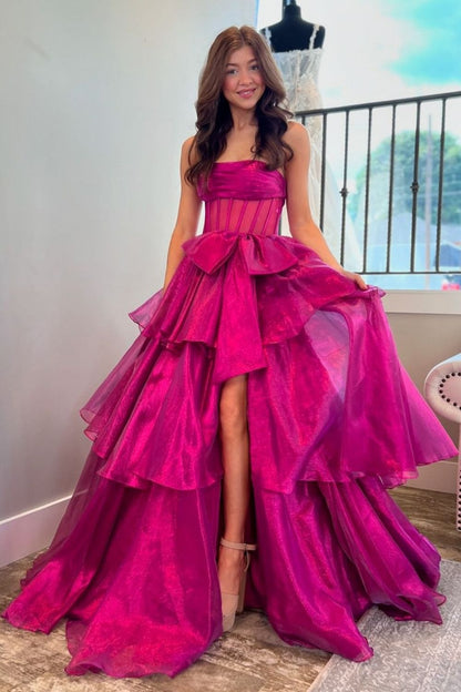 Robes de bal longues en organza sans bretelles fuchsia coupe trapèze