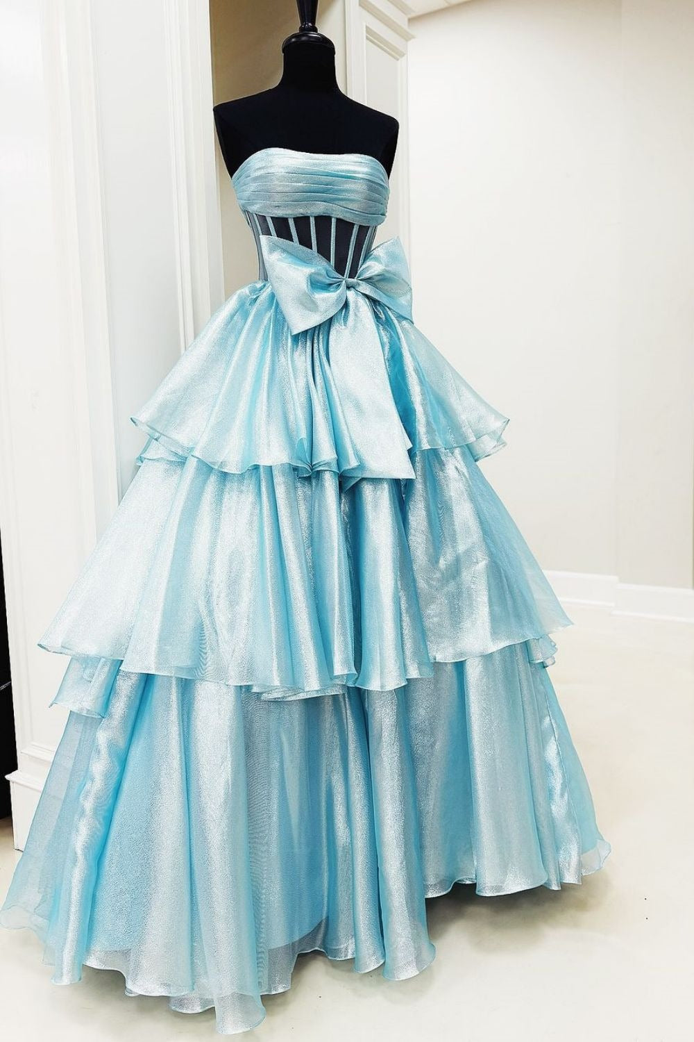 A-Line Fuchsia Strapless Long Organza Prom Dresses